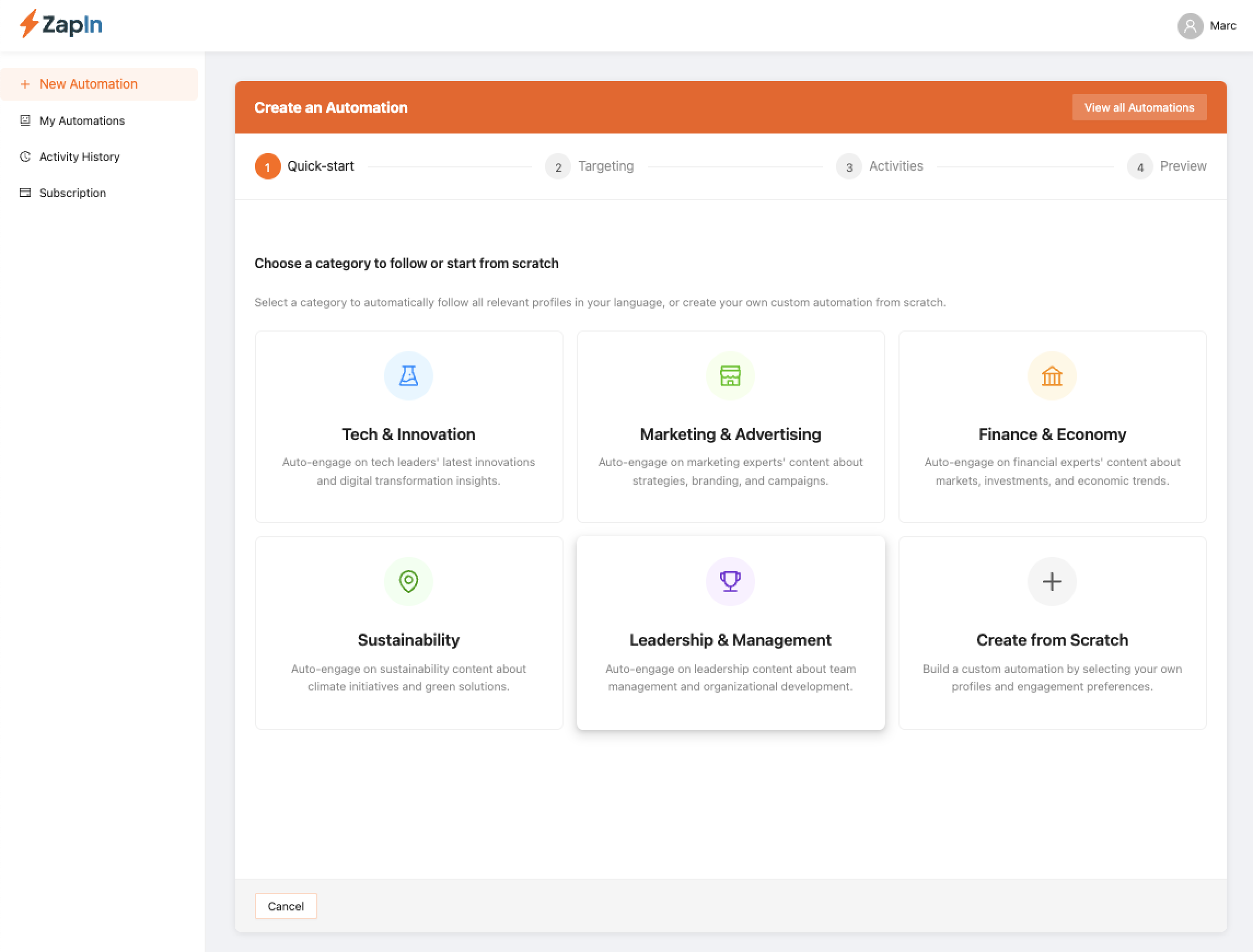 ZapIn dashboard interface showing LinkedIn automation features and prospect monitoring tools